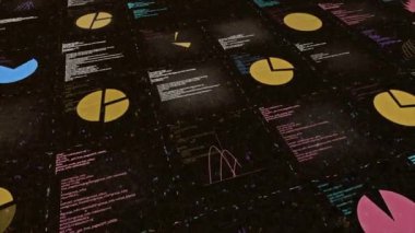 Programlar ve programlar. Dostluk. Açık renk ve grafiklerle yazılan programların soyut olarak oluşturulduğu siyah bir arkaplan.