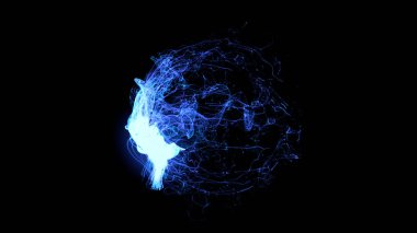Siyah arka plan. Hareket. Mavi ışınlar sihir gibi dalgalanıyor ve soyutlanmış bir top şekli alıyor..