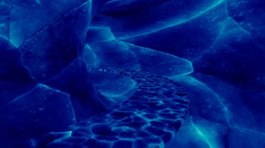 Mavi arkaplan. Görev. Soyutlamada parlak mavi yol ilerlemeye devam ediyor.