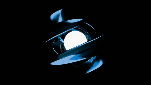 Glühende abstrakte große Metallspirale, die sich um eine weiße statische Kugel dreht. Aesign. Ein Ball, umgeben von sich drehenden breiten Streifen, isoliert auf schwarzem Hintergrund. — Stockfoto