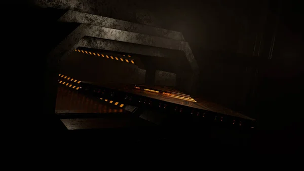 Abstracción.Diseño.Una nave espacial, de forma triangular, que atraviesa un túnel con luces naranjas —  Fotos de Stock