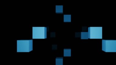 Renkli küplerin ekrana doğru uçtuğu soyut minimalist bir arkaplan. Tasarım. Eski moda nostaljik tetris oyununun arayüzü, kusursuz döngü.