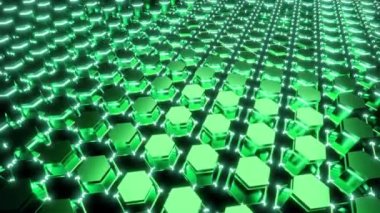 Yeşil arkaplan. Görev. Yeşil beşgenler soyutlama olarak 3d biçiminde yükselir ve geri çekilir.