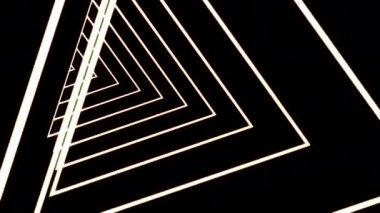Beyaz üçgen siluetlerden oluşan 3 boyutlu tünel animasyonları teker teker geliyor. Tasarım. Döngü hareketinde parlayan neon geometrik şekiller.