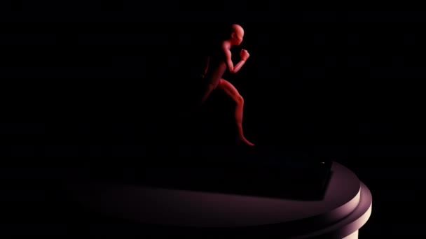Filmagem escura. Designação. Uma silhueta vermelha brilhante de um homem com sombras em formato 3d corre sobre um fundo escuro em abstração — Vídeo de Stock