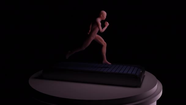 Urheiluterapia ja terveydenhuollon käsite. Suunnittelu. Mies kehon siluetti käynnissä juoksumatto eristetty mustalla pohjalla. — kuvapankkivideo