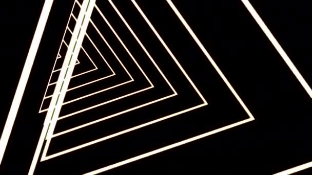 Animation eines 3D-Tunnels aus weißen Dreiecksilhouetten, die einer nach dem anderen folgen. Design. Neon leuchtende geometrische Formen in Schleifenbewegung. — Stockvideo