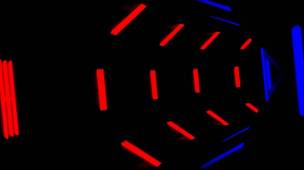 Черный туннель. Длинный черный туннель, облицованный красными и синими фонарями вокруг и движущийся вперед в абстракции. — стоковое фото
