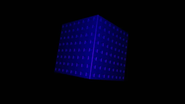 Close up of blue 3D cube rotating isolated on a black background, seamless loop. Design. Spinning figure covered by square shaped notches. — Stock Photo, Image