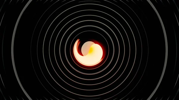 Objeto voador de energia. Desenho. Abstrato pequeno cometa brilhante voando em um círculo cercado por anéis brancos estreitos em um fundo preto. — Fotografia de Stock