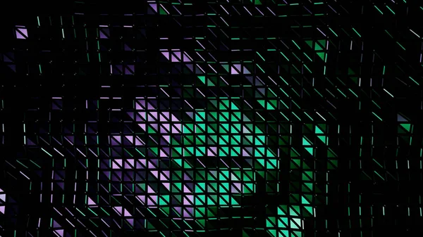 Вращающаяся черная вопиющая поверхность со многими светящимися треугольниками, бесшовная петля. Дизайн. Зеленые, фиолетовые и черные сияющие треугольные частицы в вращающемся движении. — стоковое фото
