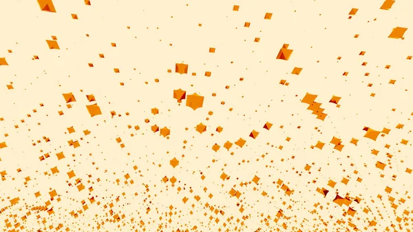 Léviter et faire jaillir des particules brillantes au hasard. Design. Fond géométrique et abstrait avec des objets 3D orange en mouvement aléatoire sur fond beige. — Photo