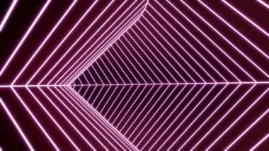 Hızlı hareket eden üçgen tünel. Tasarım. Neon çizgileri olan üçgen kıvrımlı bir tünel. Çizgili neon tünele siber atlama