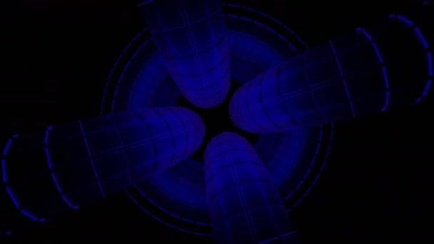 Streszczenie ciemnoniebieska cyfrowa dziura absorbująca cztery giętkie rury, bezszwowa pętla. Projektowanie. Wirujący niezwykły mechanizm z rurami poruszającymi się wewnątrz okrągłego otworu. — Wideo stockowe