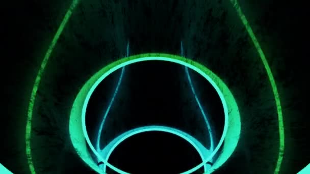 Movement in hole with neon rings. Design. Dive into tunnel with bright neon rings. Cybernetic tunnel of colorful rings — Stock Video