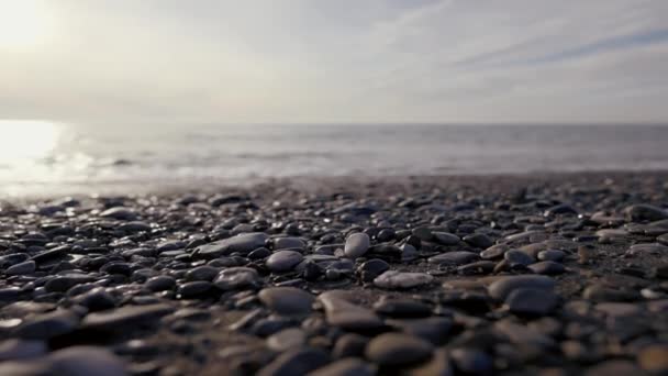 小石や海の波と小石のビーチ。行動だ。野生の小石のビーチで海の表面は、アドリア海の海岸で静かな夜. — ストック動画