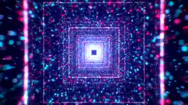 正方形のネオンラインとスペーストンネル。動きだ。明るいカラフルな粒子とネオンの広場と美しいトンネル。明るい粒子を持つ宇宙ポータルに飛び込む — ストック動画