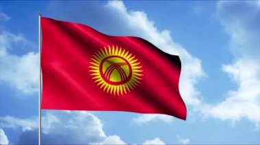 Kırgızistan 'ın parlak kırmızı bayrağı. Hareket. Arka planda mavi gökyüzü olan kırmızı bir bayrak. Ortasında sarı gölgeli parlak sarı bir güneş var..