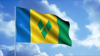 Mavi gökyüzünün arka planında güzel dalgalanan bayrak. Hareket. Bayrak direğinde sallanan bayrağın 3 boyutlu animasyonu. Saint Vincent ve Grenadines 'in güzel bayrağı