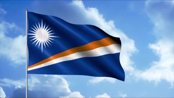 Le drapeau bleu de l'Ouzbékistan. Un drapeau lumineux avec une bande orange et blanche en diagonale avec un symbole de soleil blanc dans le coin supérieur droit. — Video