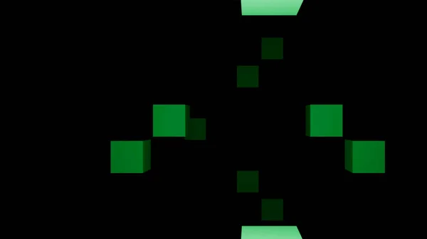 Fundo preto. Designação. Quadrados verdes em formato 3d se movem de forma caótica em abstração. — Fotografia de Stock