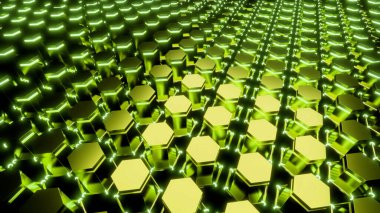 Yeşil arkaplan. Görev. Yeşil beşgenler soyutlama olarak 3d biçiminde yükselir ve geri çekilir.