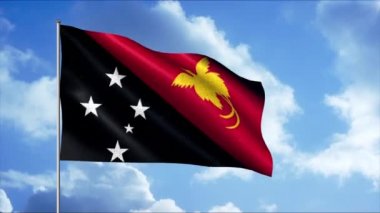 Mavi gökyüzünün arka planında sallanan bayrağın 3 boyutlu animasyonu. Hareket. Bayrak direğindeki bayrak çok güzel dalgalanıyor. Papua Yeni Gine bayrağının vatansever animasyonu