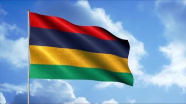 Bulutlu gökyüzünde dalgalanan bayrak. Hareket. Bayrak direğinde hareketli bayrağın güzel üç boyutlu animasyonu. Mauritius bayrağı mavi gökyüzünün arka planında dalgalanıyor