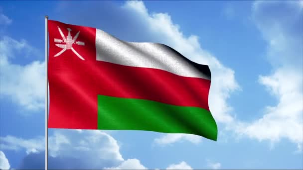 Ománi zászló. Indítvány. Egy gyönyörű zászló, ahol a legtöbbjük vörös, és mögötte kék, felhők és felhők nélküli égbolt van.. — Stock videók