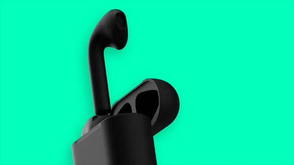 Design minimalista de fones de ouvido sem fio dentro da caixa preta. Moção. Conceito de tecnologias modernas. — Fotografia de Stock