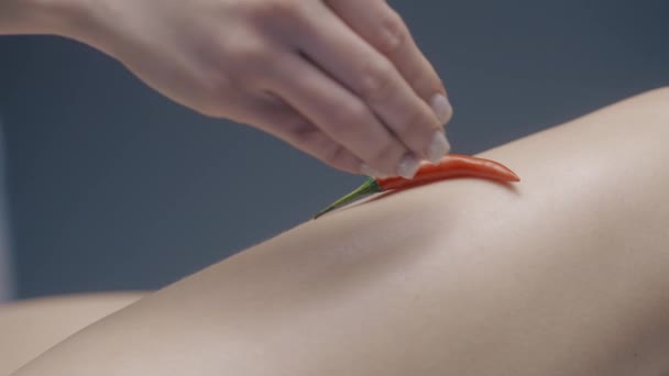 Massagem com pimenta tailandesa. Acção. O corpo que é massageado com a ajuda de pimenta vermelha quente e creme de emagrecimento. — Vídeo de Stock