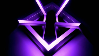 Dönen metal siluetlerle kare şeklinde delik, simetrik desen, dikişsiz döngü. Tasarım. Sıradışı dönen soyutlamada leylak parıltısı.