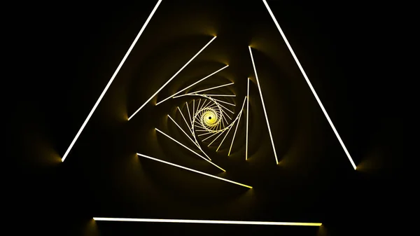 Colorido túnel de energía triangular sobre un fondo negro, lazo sin costuras. Diseño. Rotación de siluetas estrechas de triángulos. — Foto de Stock