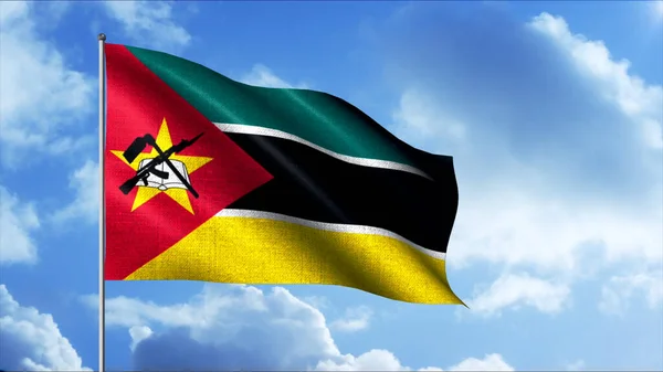 Flagge Mosambiks. Bewegung. Helle Flagge in verschiedenen Farben mit einem gelben Stern auf einem Buch und einer Waffe in der Ecke. — Stockfoto