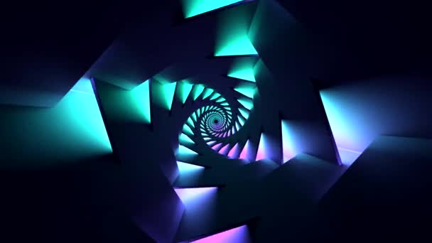 Looping symmetrical abstract motion of triangles on a black background. Design. Colorful spiral creating a tunnel effect, seamless loop. — Stock Video