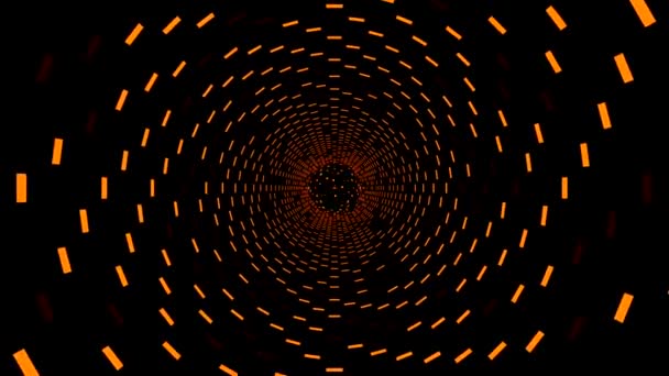 Zwarte achtergrond. Ontwerpen. Oranje en paars licht dat een tunnel in abstractie creëert, die de muren van de vierkanten markeert en aan het eind waarvan deeltjes glinsteren. — Stockvideo