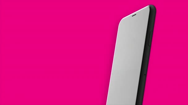 Close up de um smartphone abstrato com tela preta isolada em um fundo rosa brilhante. Moção. Nova apresentação do telefone. — Vídeo de Stock