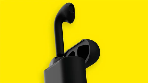 Μινιμαλιστικός σχεδιασμός ασύρματων ακουστικών μέσα σε μαύρη θήκη. Κίνηση. Σύγχρονες τεχνολογίες. — Φωτογραφία Αρχείου