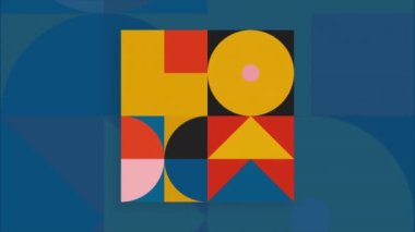 2B düz tarzda soyut renkli arkaplan. Hareket. Hareket eden geometrik çelişkili figürlerin çizgi film animasyonu, çocuklar konsepti inceliyor.