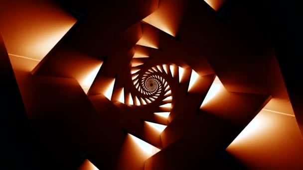 Зацикленное симметричное абстрактное движение треугольников на чёрном фоне. Дизайн. Цветная спираль, создающая эффект туннеля, бесшовный цикл. — стоковое видео