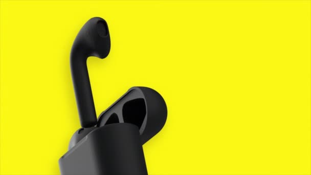 Desain minimal earphone nirkabel dalam kasus hitam. Gerak. Konsep teknologi modern. — Stok Video