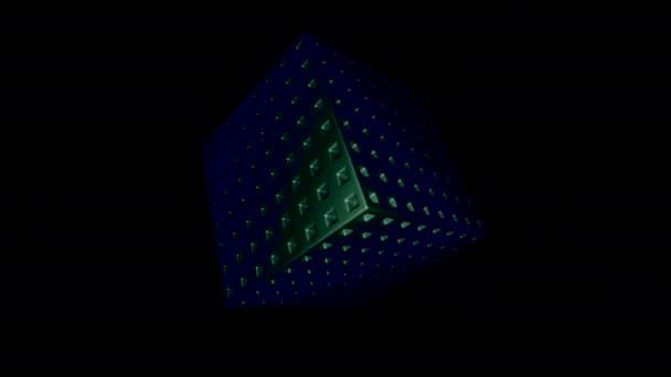 Rotating 3d cube on black background. Design. Metal cube rotates in zero gravity. Metal cube of cosmic origin in dark — Stock Video