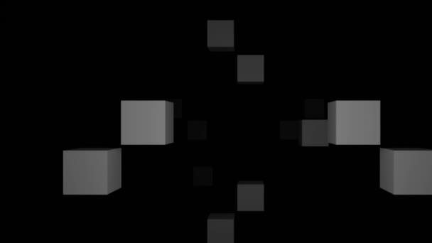 Flux mouvant de cubes 3d. Design. Un flot de cubes sortant des ténèbres. Les cubes 3D volent en courant sur fond noir — Video
