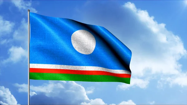 La bandera de la República de Saja.Moción. La bandera de Yakutia es azul con tres rayas en la parte inferior y un círculo blanco en la parte superior justo por encima del centro por encima del cielo azul por encima. — Foto de Stock