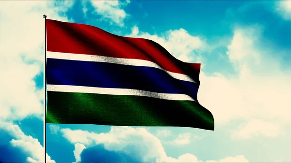 Gambiya bayrağı bayrak direğinde sallanıyor, kusursuz bir döngü. Hareket. Gambiya 'nın mavi gökyüzü arka planında oldukça detaylı kumaş dokusu. — Stok fotoğraf