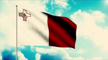 Malta bayrağı arka planı, rüzgar dalgalı tuval. Hareket. Bulutlu bir gökyüzü ve soyut bir bayrak..