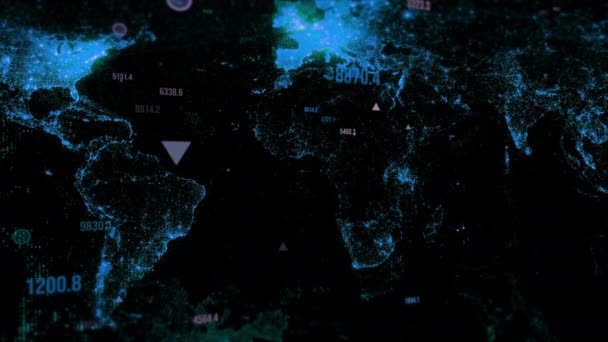 Mappa del mondo vista digitale con numeri e icone che cambiano, concetto di comunicazione globale. Mozione. Tecnologia digitale, contesto imprenditoriale. — Video Stock