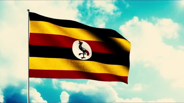 Bandiera sventolante dell'Uganda, anello senza cuciture. Mozione. Animazione a contrasto con una bandiera sventolante realistica su uno sfondo cielo nuvoloso blu. — Video Stock
