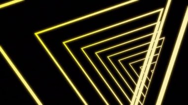 Siyah arkaplanda üçgen neon tünel. Tasarım. Neon üçgen çizgilerin baş döndürücü tüneli hareket ediyor. Üçgenlerin geometrik neon tüneli