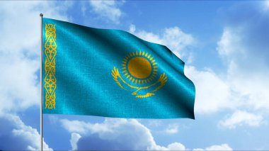 Kazakistan bayrağı ve yaz mavi bulutlu gökyüzü, kusursuz döngü. Vatanseverlik kavramı, gökyüzünde bayrak sallama.